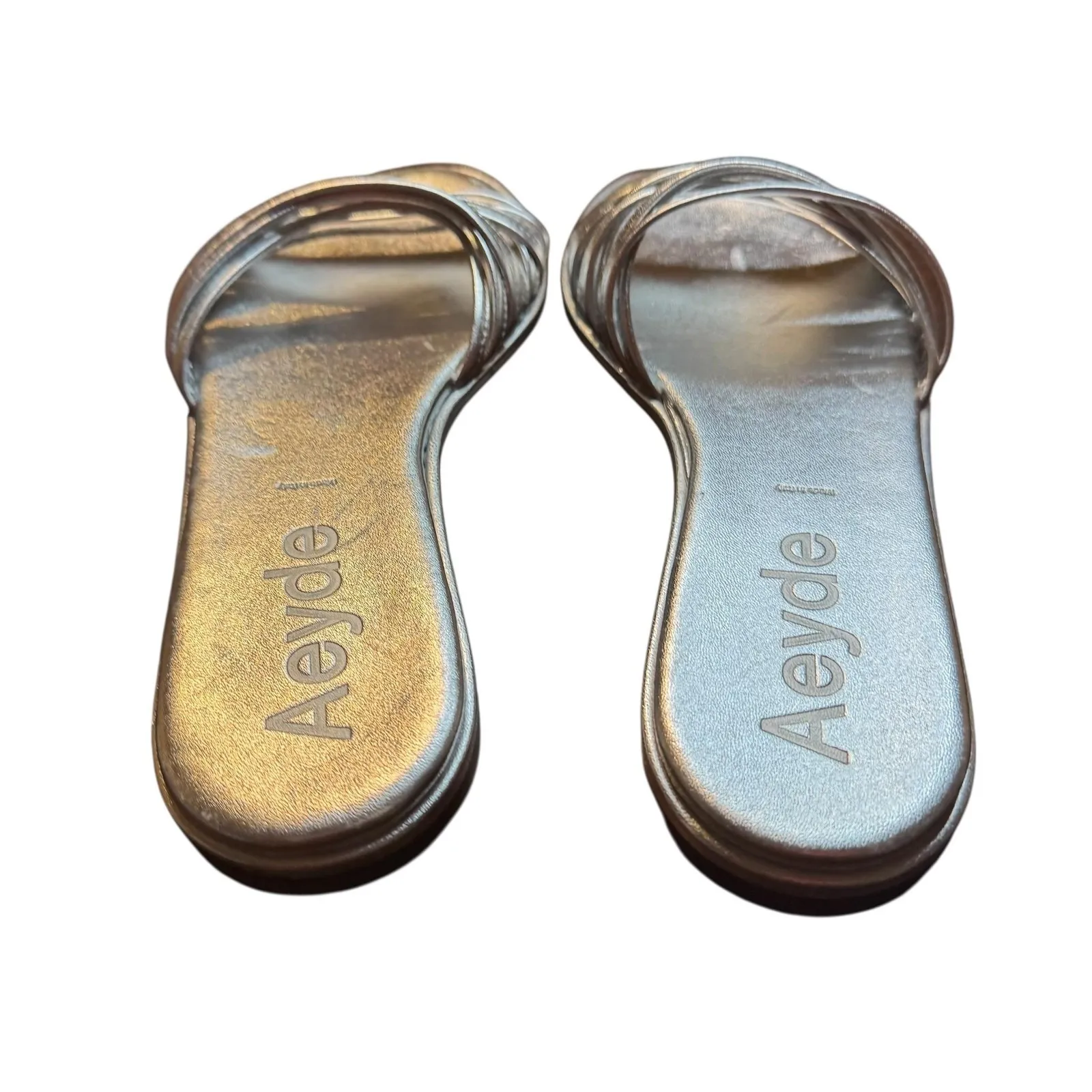 Aeyde Shoes Womens Size 38.5 Silver Metallic Slide Sandals Made in Italy Strappy - Image 7