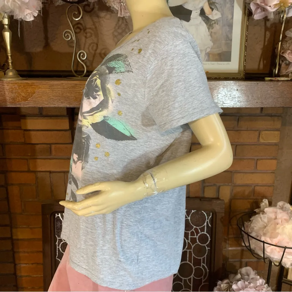 HANES GRAY AND PINK FLORAL PRINT W/GLITTER ACCENTS TEE SHIRT (XL) - Image 3
