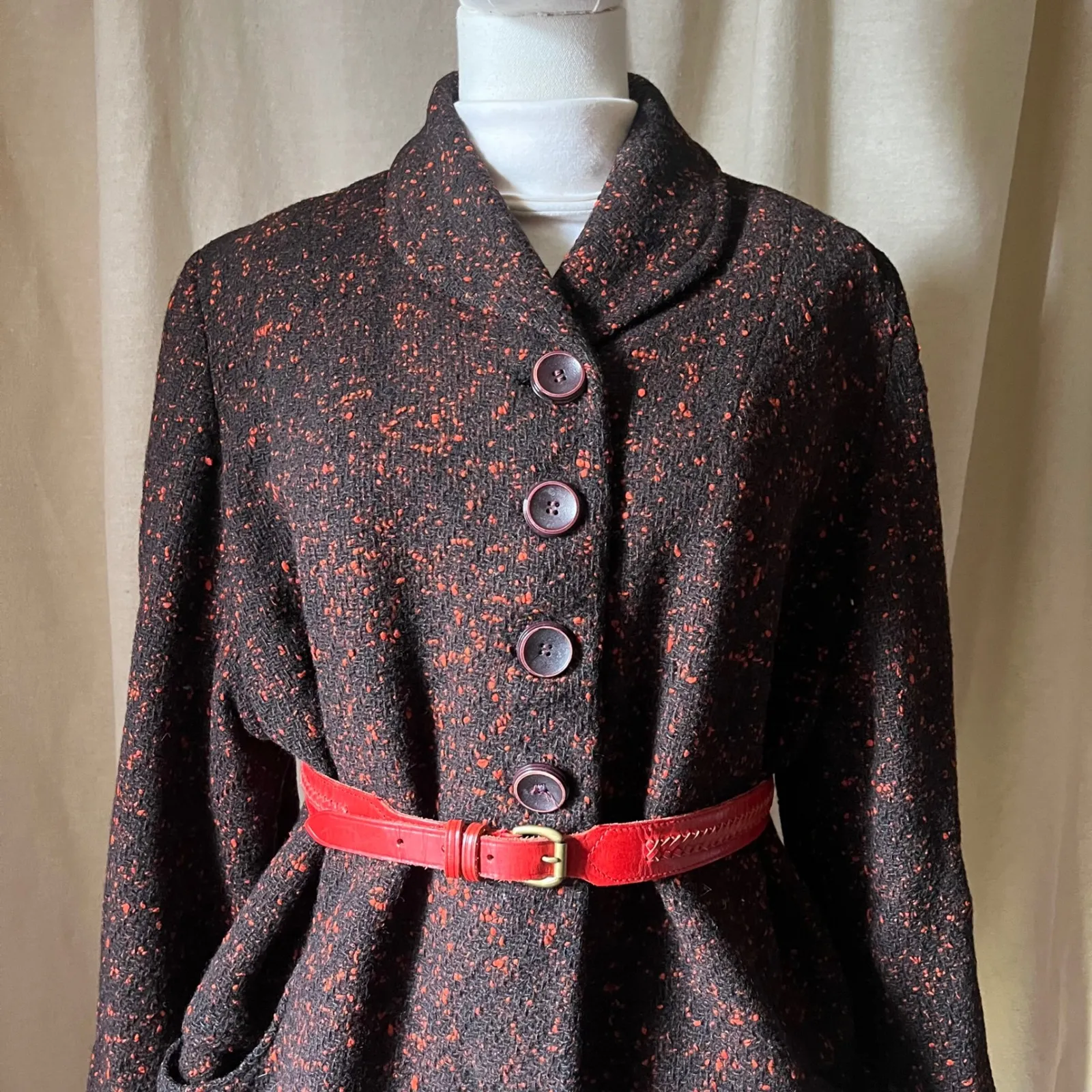 Vintage 1960s Koerner Petite Wool Coat Brown Red Speckled Tweed Mid Length Size M - Image 2