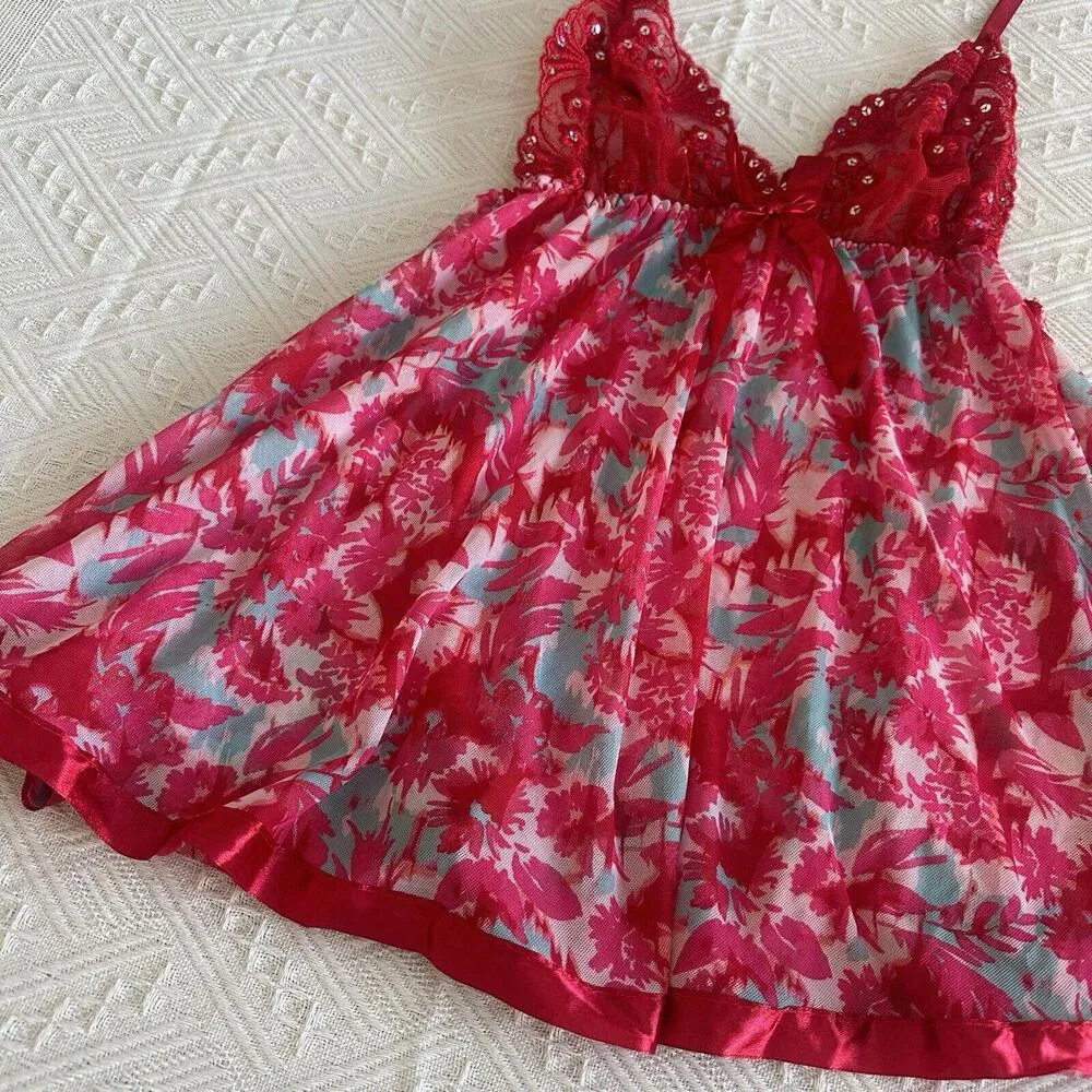 Women’s Pink & Red Mesh Lace & Sequins Babydoll Lingerie Top Sz S Small - Image 9