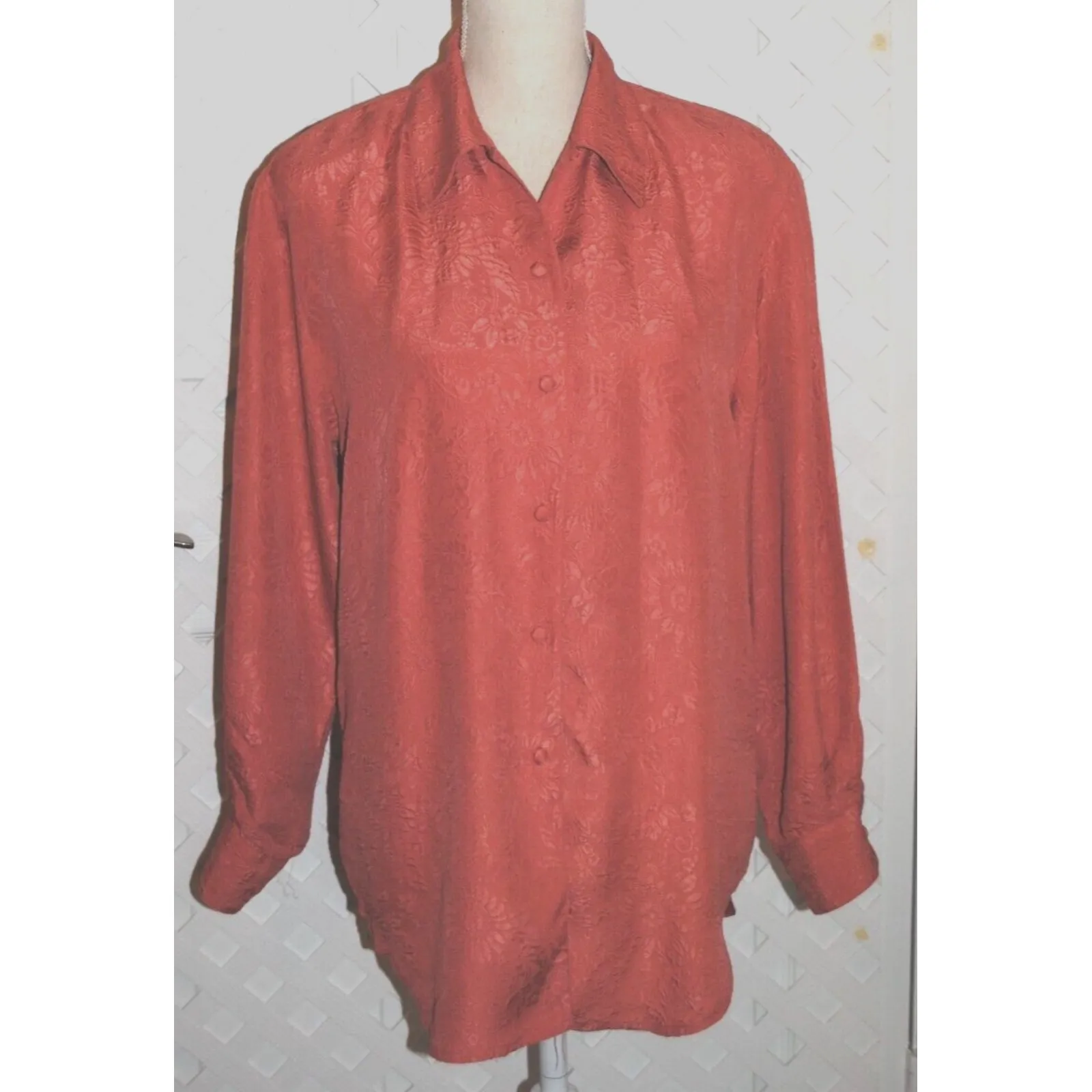 80s Vintage 100% Silk Boutique sz L Women Pink Damaske Collar Button Blouse Top Size L - Image 2