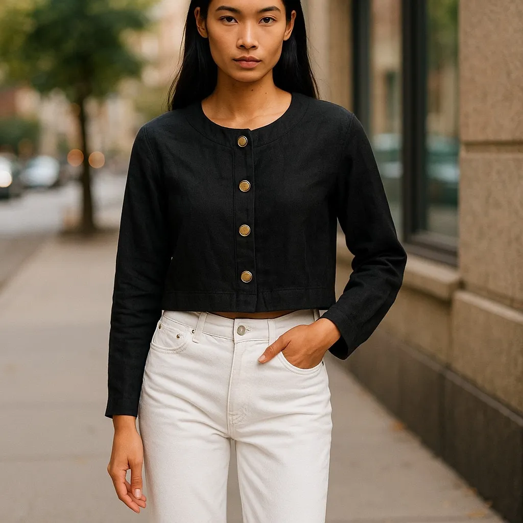 Ann‎ Taylor Womens Jacket Size 12 Slub Linen Vintage Gold Buttons Cropped - Image 2