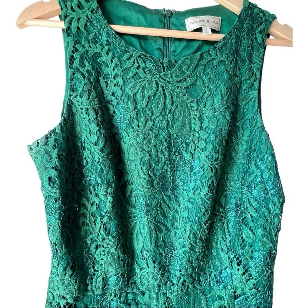 Women's KATHERINE KELLY green floral crew neck sleeveless zipper dress size 8. - Image 3