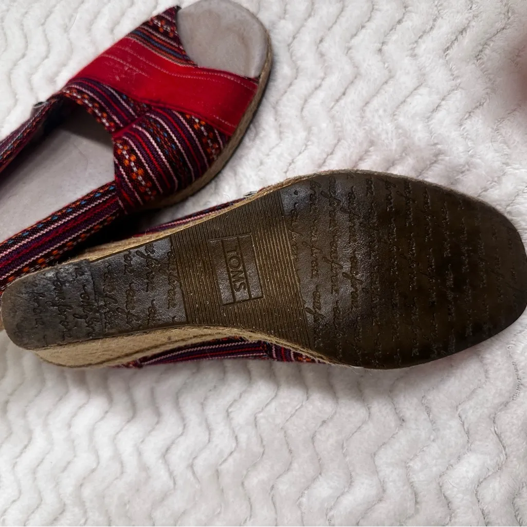 Toms Espadrilles Wedge Peep Toe Lina Shoes Sz 7.5 Red Woven Ethnic - Image 3