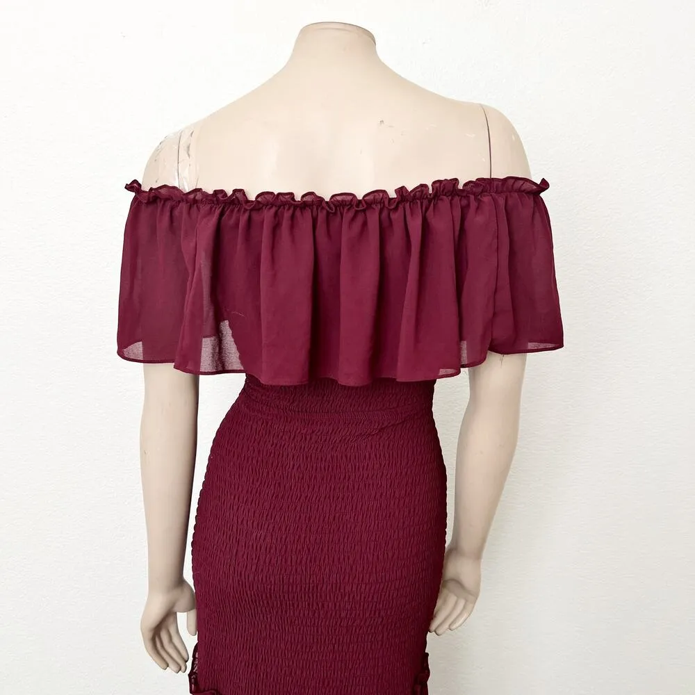 [Baltic Born] Maroon Amalfi Smocked Off The Shoulder Ruffle Maxi Dress Sz Medium - Image 5