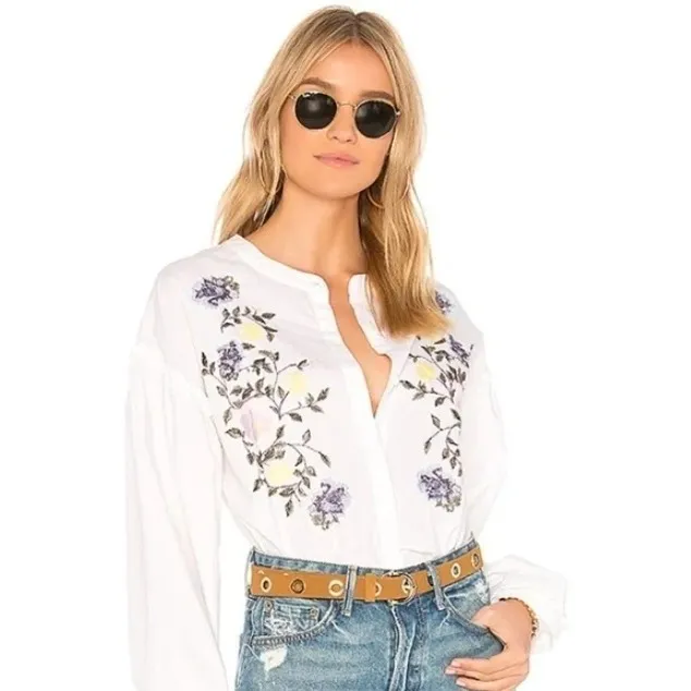 Sanctuary Danni White Embroidered Floral Button‎ Front Blouse Top Size M - Image 9