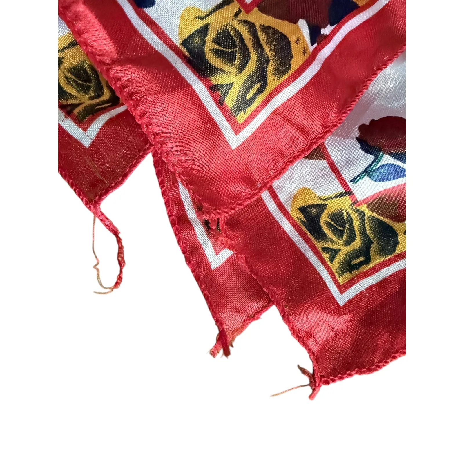 Vintage Rose Print Silk Scarf Red Border Square Neck Scarf Accessory White - Image 3
