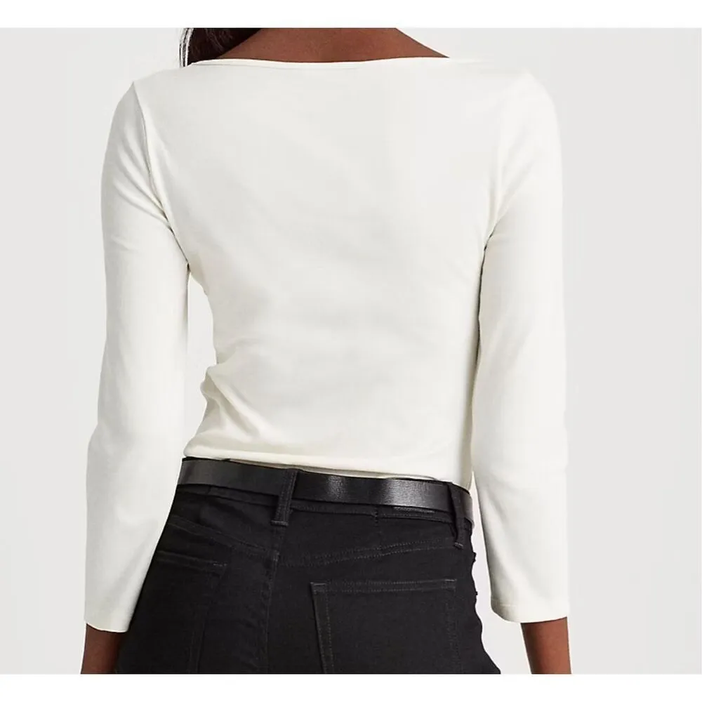 Lauren Ralph Lauren Cream Embellished Scoop Neck Top | 3/4 Sleeve | Size Medium - Image 2
