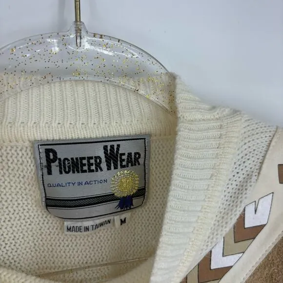 Vintage 80's Pioneer Wear Fringe Western Sweater Cream Tan Size Medium‎ Chevron - Image 11