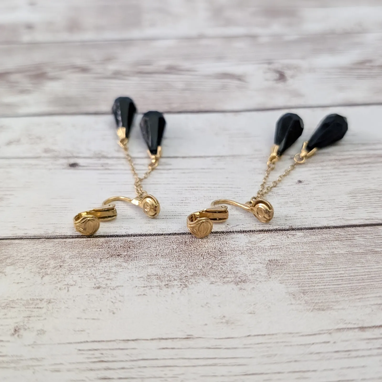 Vintage Clip On Earrings Stunning Black Double Dangle Long Statement - Image 2