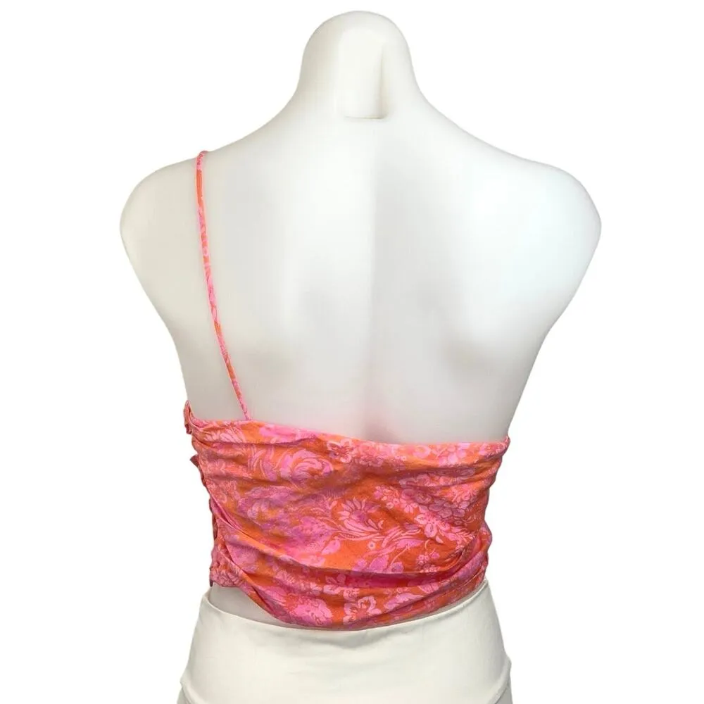 Zara Orange Pink Floral One Shoulder Linen Blend Spaghetti Ruched Crop Top Sz M - Image 4