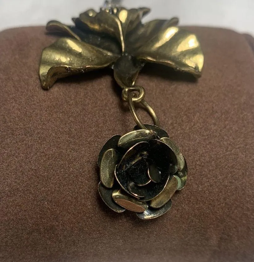 Bronze Tone Flower Necklace with Rhinestone Middle and Smaller Dangling Flower - Image 2