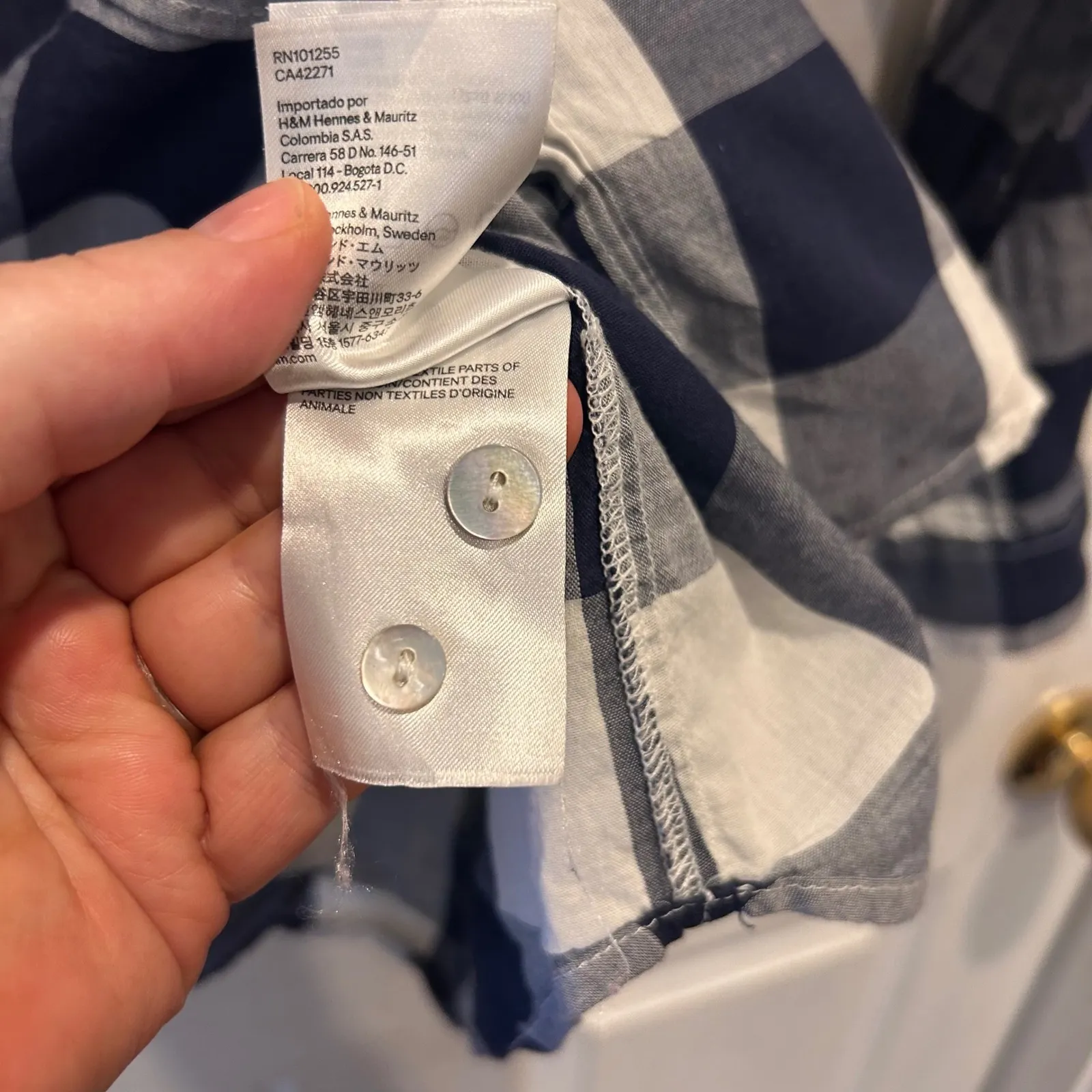 H&M Womens Long Sleeve‎ Gingham Plaid Button Up Shirt Navy White Sz US 14 EUR 44 - Image 7