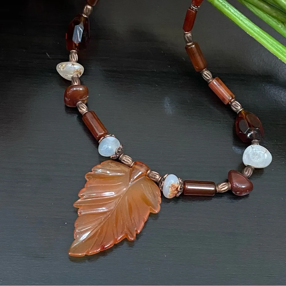 Handmade Carnelian Agate Gemstone Leaf Pendant Fall Theme Beaded Necklace - Image 11