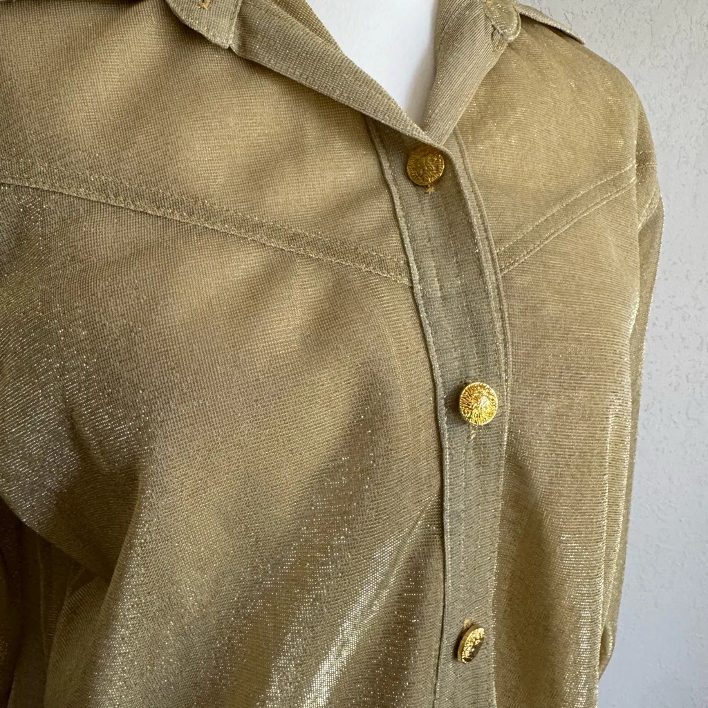 Cache Gold Metallic Sheer Button Down Blouse Womens S Grannycore Vintage - Image 2