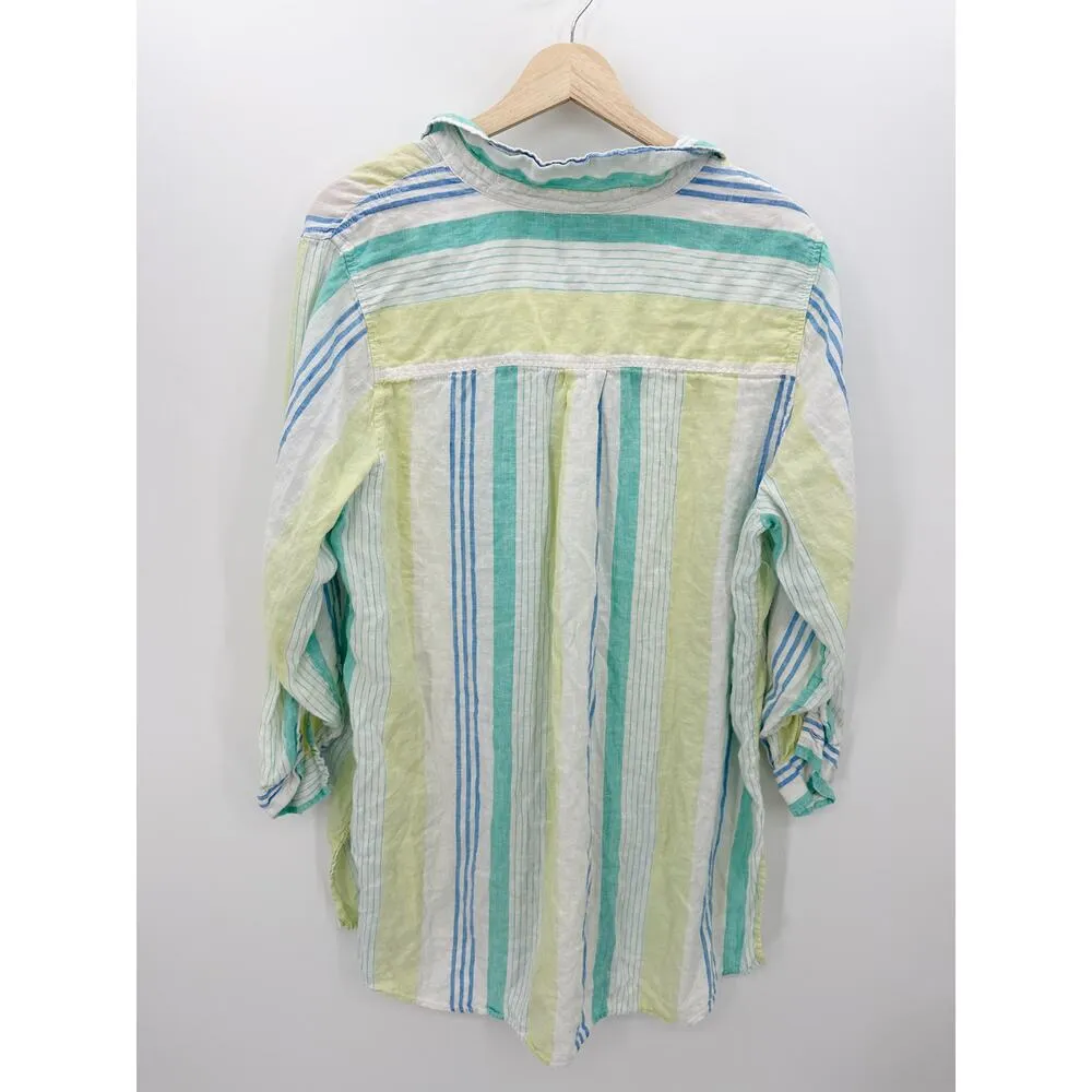 Jones & Co Women 1X Blue Green Yellow Striped Linen Button Down Shirt Casual - Image 2