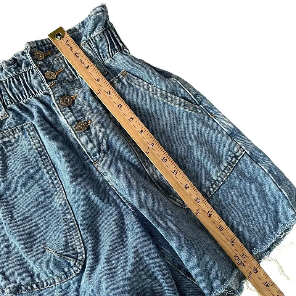 ZARA High Waisted‎ Denim Shorts Paperbag Waist Frayed Hem Size 0 Blue BOHO - Image 13