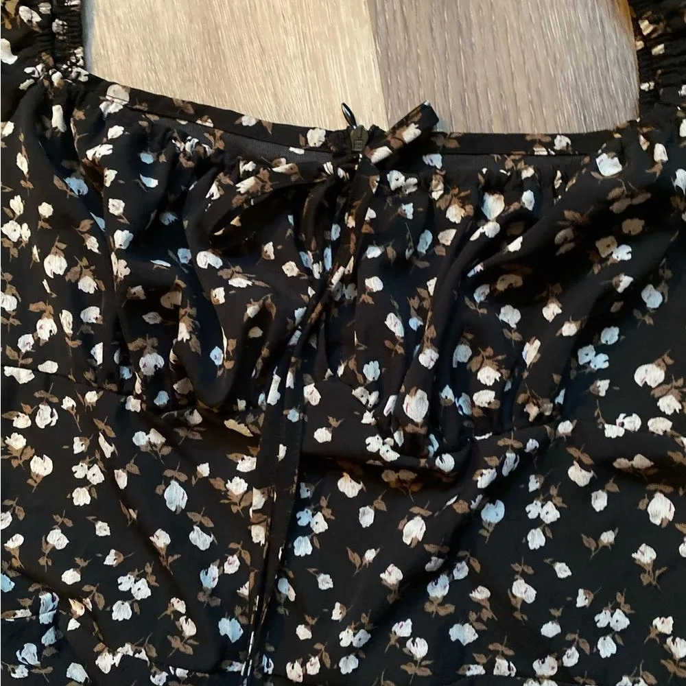 Dark‎ Floral Milkmaid Long Sleeve Black Midi Dress Large Cottagecore Boho Dainty - Image 6