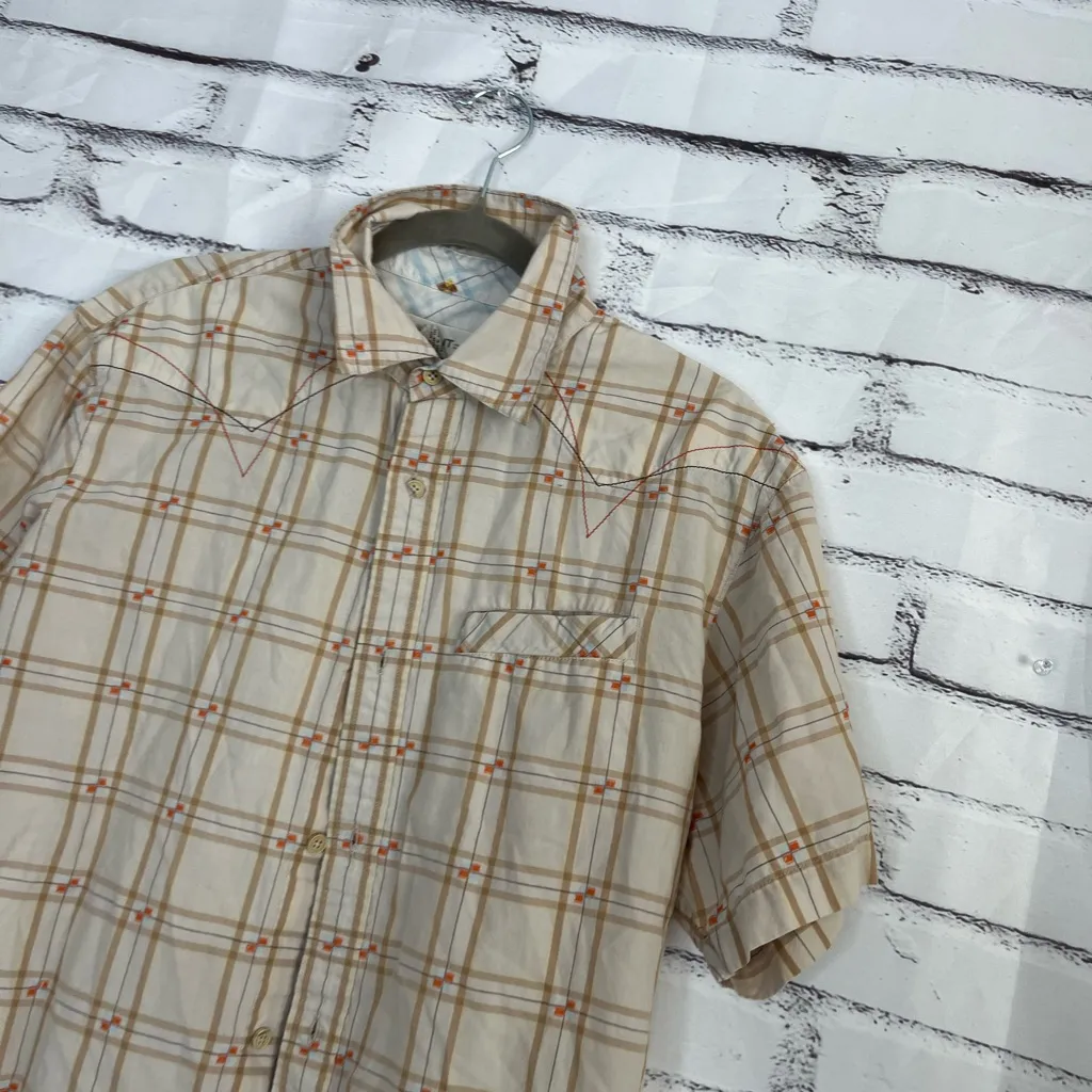 Split Women’s Checkered Button Down Shirt Plaid Short Sleeve Tan Red Casual L Orange Size L - Image 7
