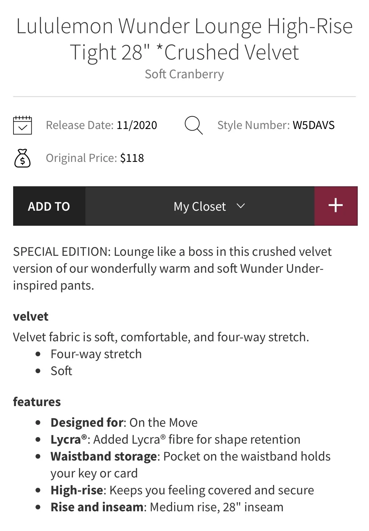 Lululemon Wunder Lounge High-Rise Tight 28" *Crushed Velvet Soft Cranberry 4 - Image 11