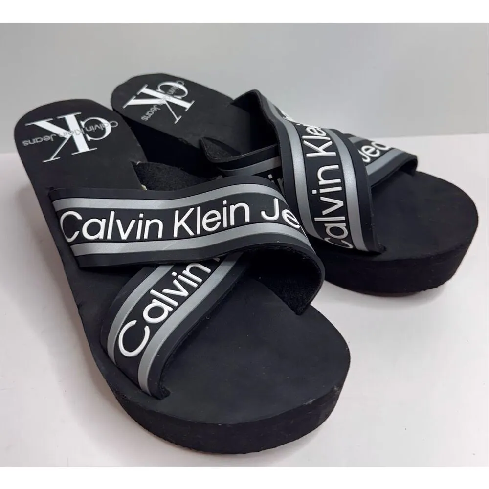 Calvin Klein Wedge Sandal Size 8.5 Resort Black White Crisscross Lightweight - Image 3