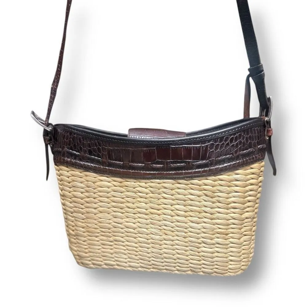 Brighton Woven Straw Brown Leather Trim Shoulder Crossbody Bag Resort Travel - Image 6
