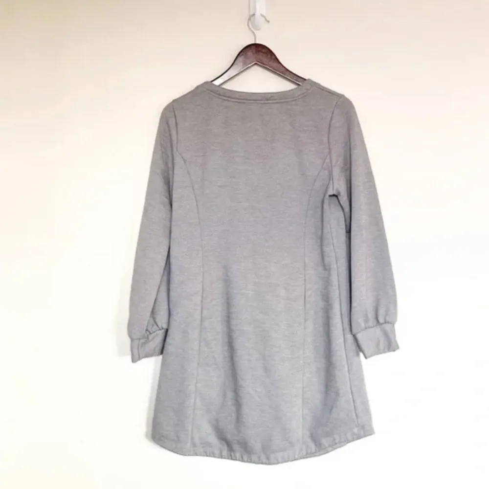 A New Day Sweatshirt Mini Dress S Tie Waist Fleece Lined Gray Cozy Spring Warm - Image 8