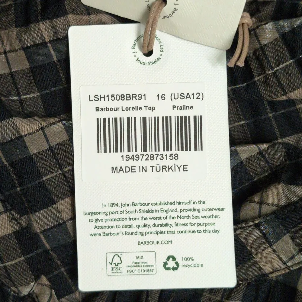 Barbour Lorelie Top Praline Plaid V-neck Seersucker Puff Sleeves 12 New - Image 10