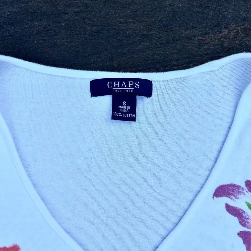 White Chaps Floral V-Neck T-Shirt w/ Colorful Pastel Flowers Graphic Tee - Image 3