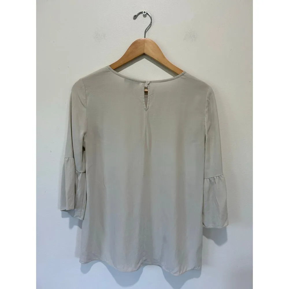 Eileen Fisher silk blouse womens size XXS cream round neck 3/4 bell sleeve - Image 2