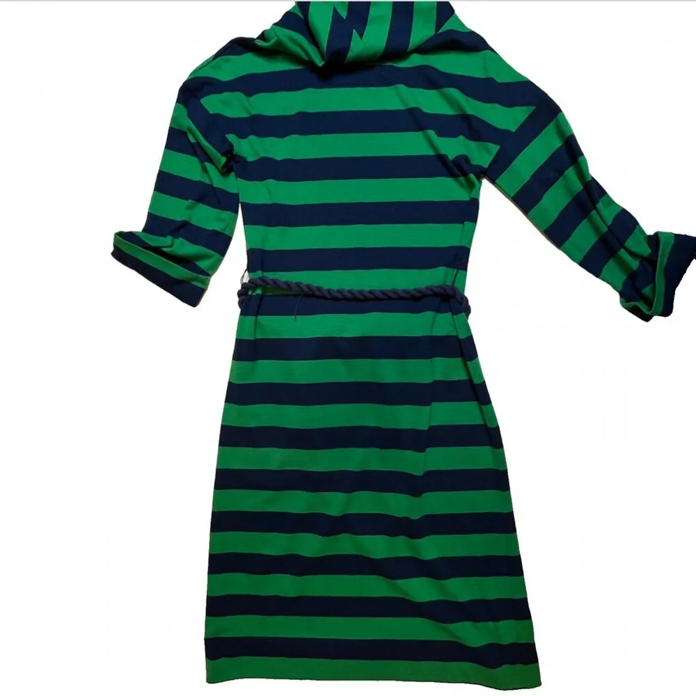 VTG Lacoste David Crystal 70s Green Blue Striped Green Dress Preppy Belted Cowl - Image 3