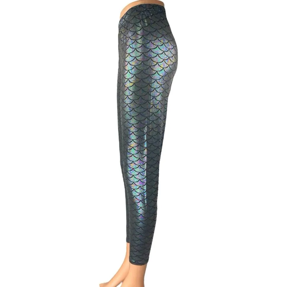 Women's Black Mermaid Scale Print Skinny High Rise Trousers Leggings Pants Sz M Size M - Image 2