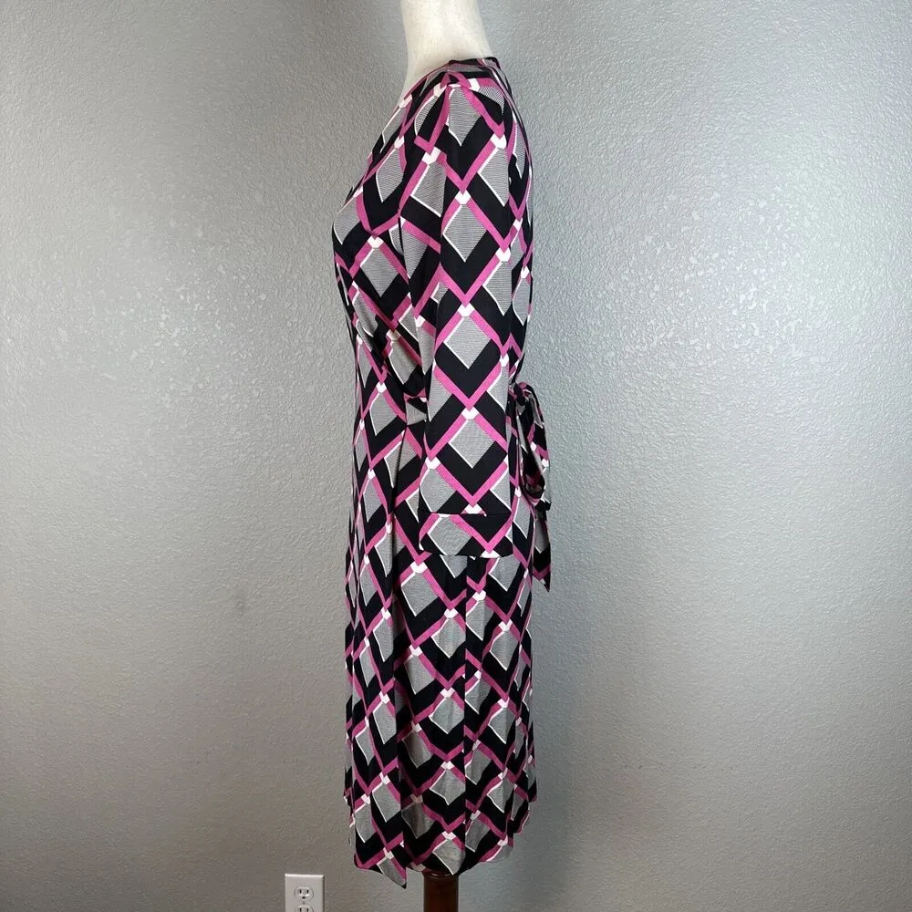 Diane Von Furstenberg Julian Two Wrap Dress Size 12 Square Tips Pink Black Silk - Image 3