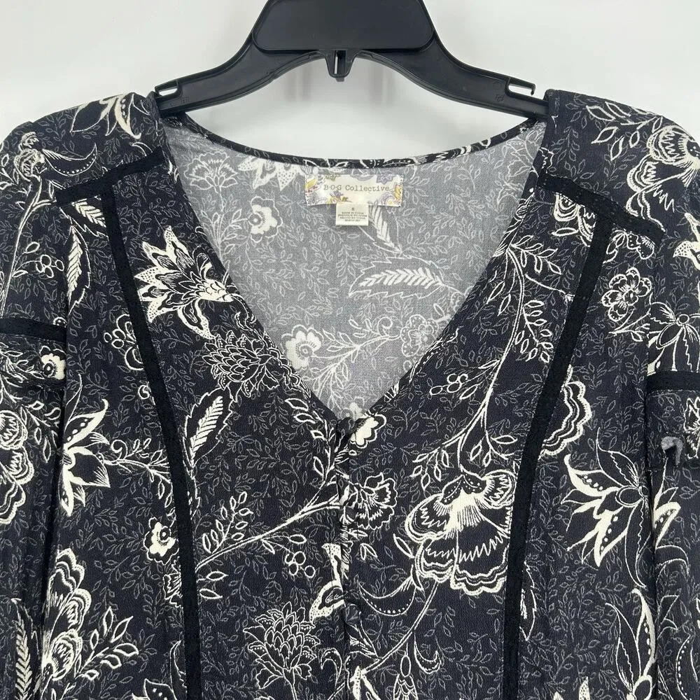 BOG Band Of Gypsies Boho Floral Y2K Top Black White Long Sleeve Lace Siz… - Image 2