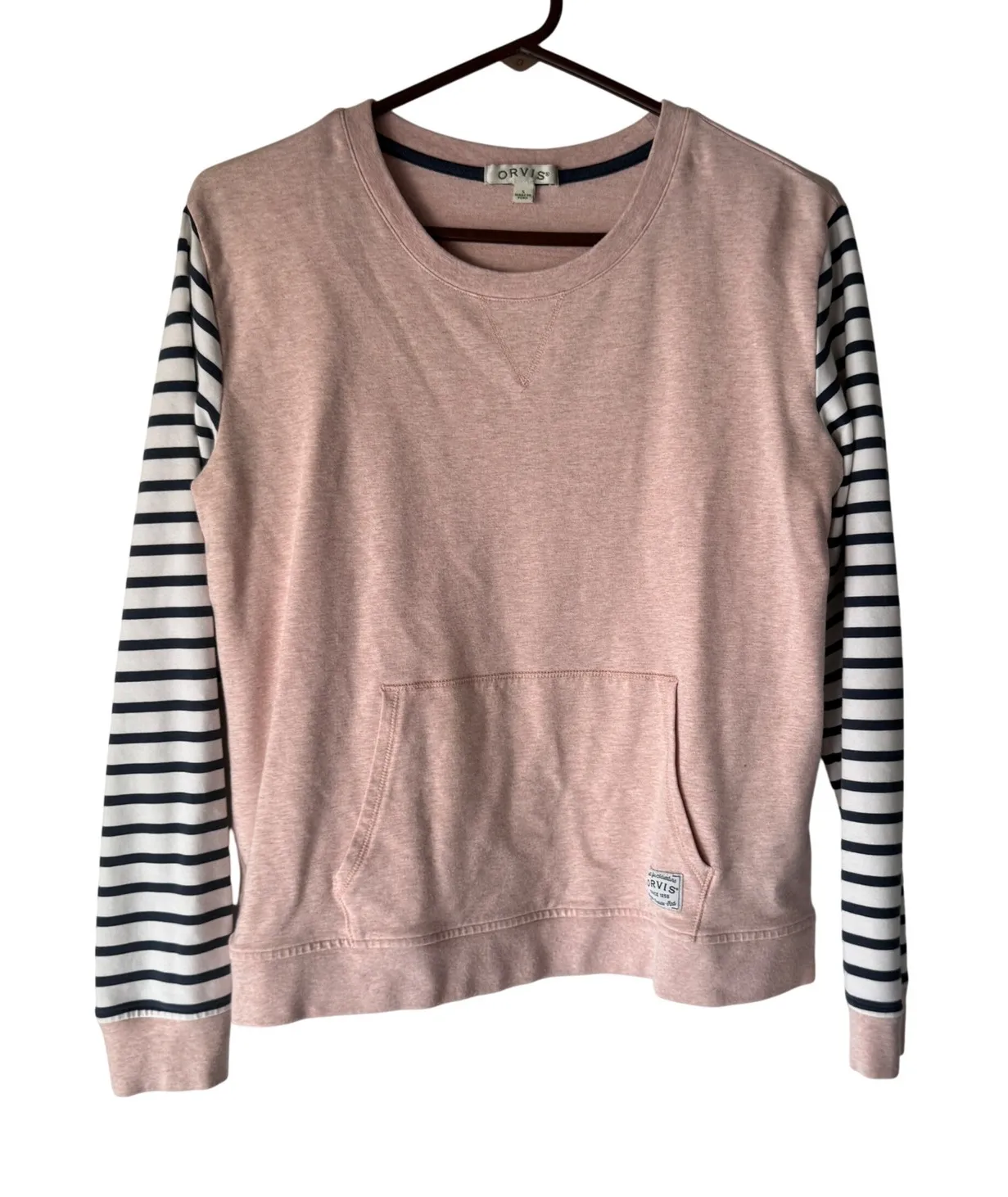 ORVIS Pink Striped Sleeve Sweatshirt Pima Cotton Small Crewneck Pullover Preppy - Image 1