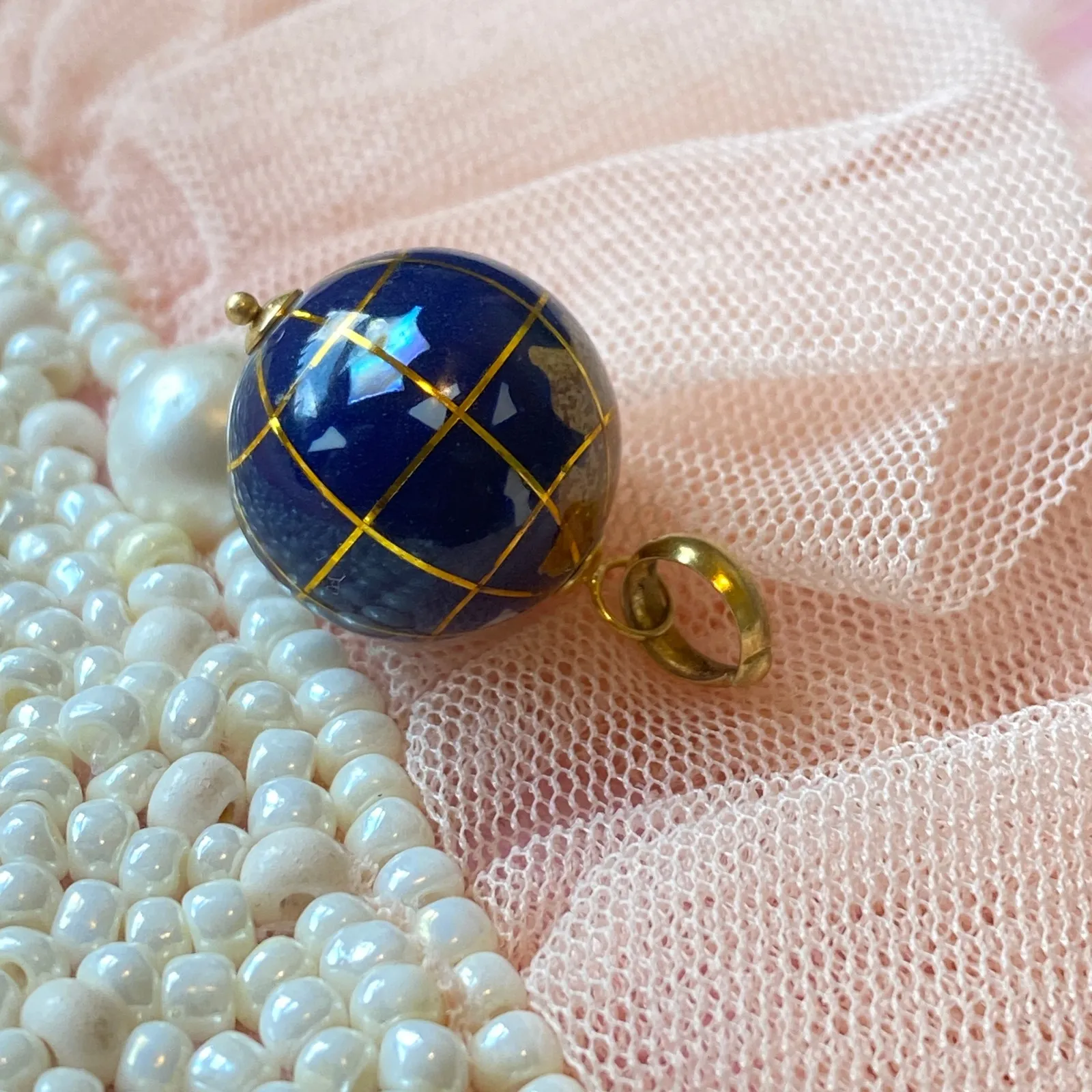 14k Gold Globe Charm Pendant Lapiz Lazuli Vintage Travel Unique Nautical World Blue - Image 7
