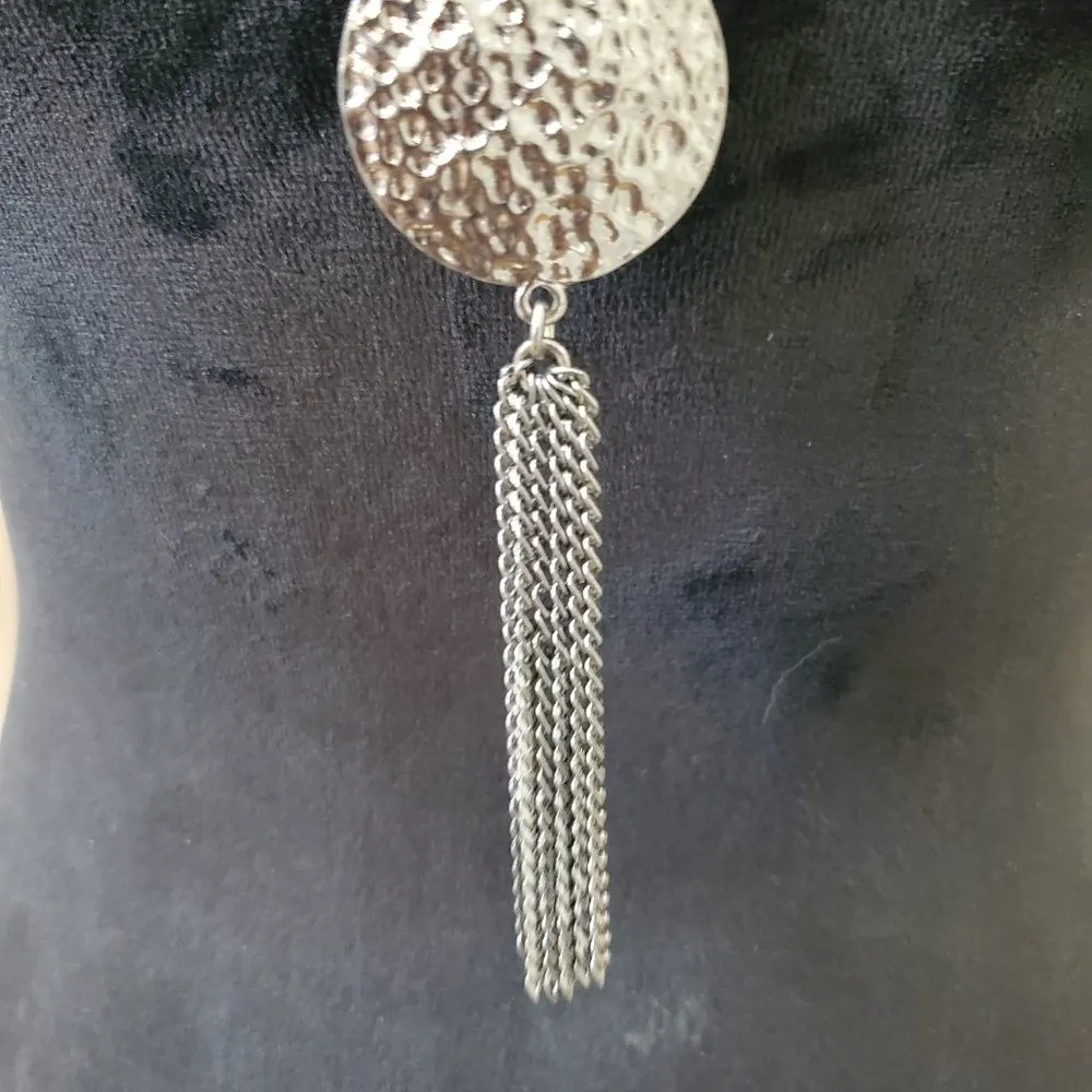 Women's Silver Pewter Layered Round Coin Tassel Stylish Chunky Necklace - Image 5