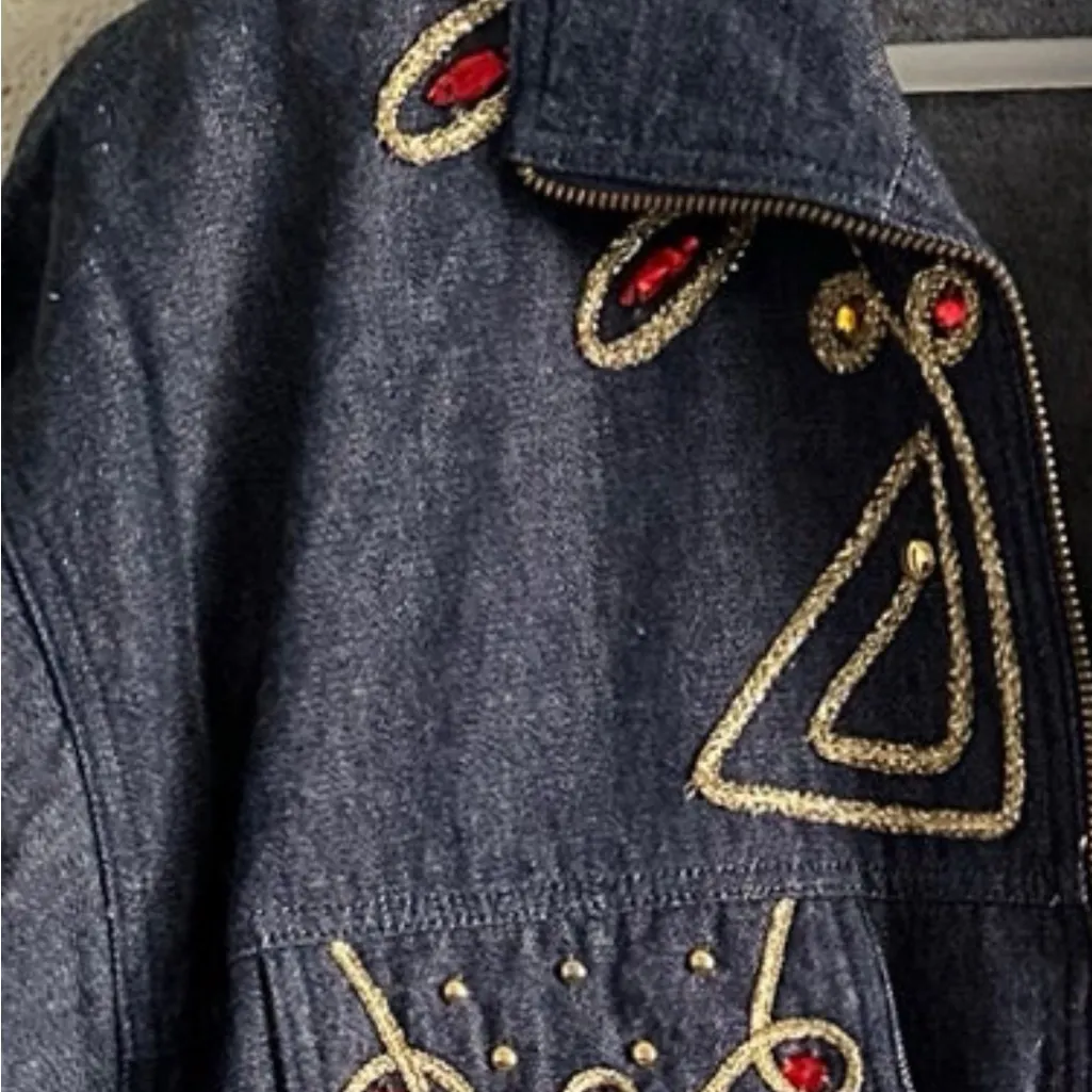 Adolfo Collection Dark Blue Gold and Red Embroidered Jean Jacket Size M - Image 4
