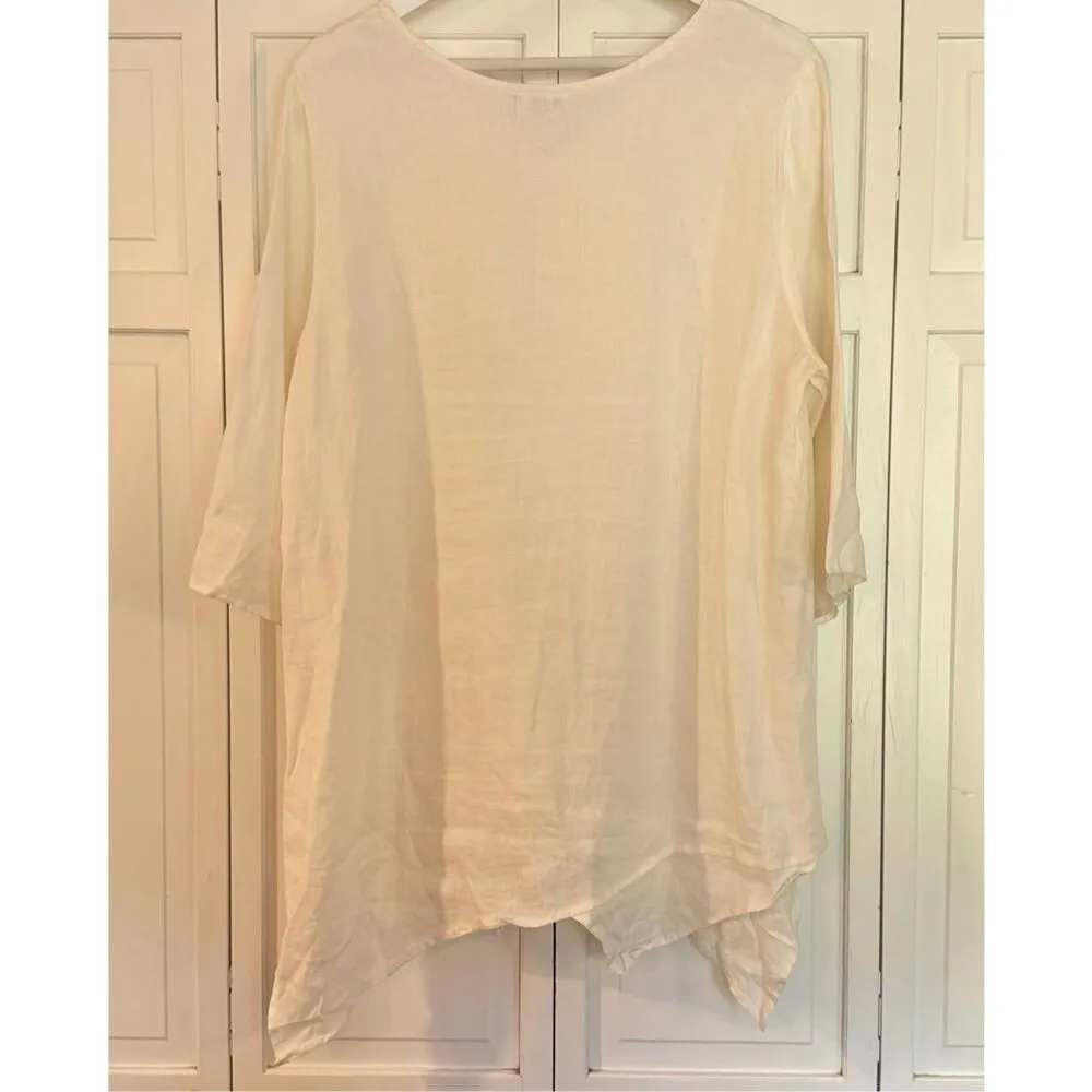 Habitat Clothing 100% linen white assymetrical hem vneck tunic blouse L - Image 10