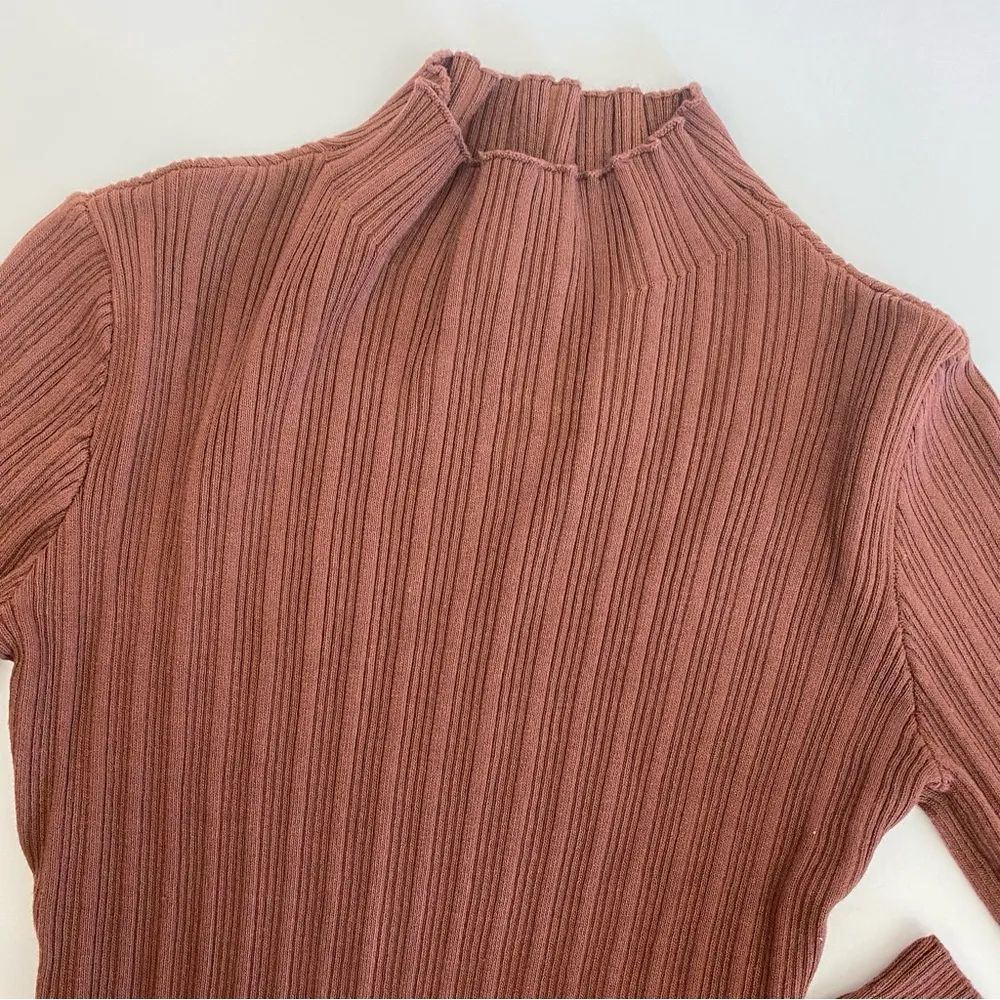 Naked Wardrobe Long Sleeve Mock Neck Ribbed Bodycon Mini Dress: Rust Brown - Image 5