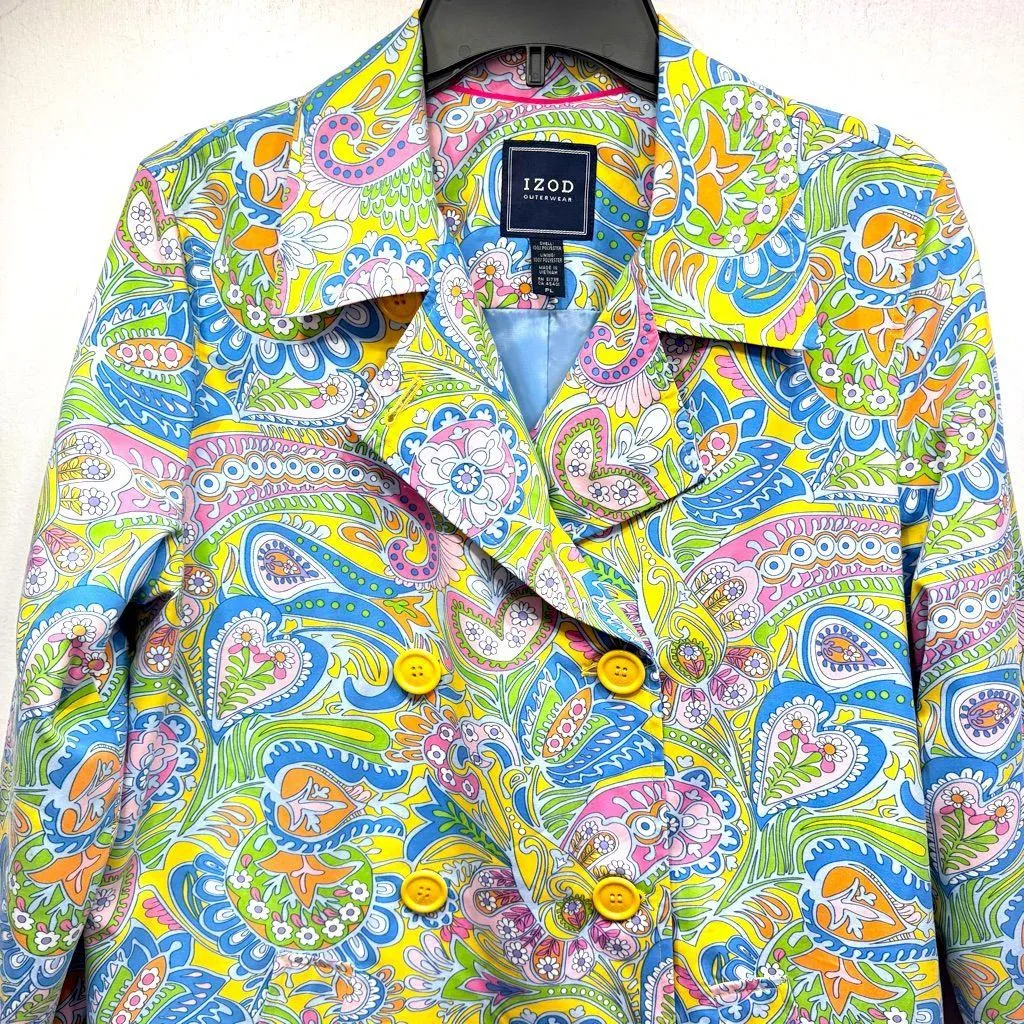 Izod Pastel Paisley Double Breasted Trench Coat Flower Power Retro Hippie Boho - Image 3