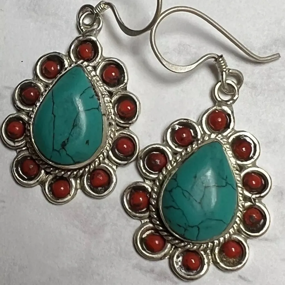 Vintage Turquoise & Coral Sterling Silver Necklace & Earrings Beaded Native - Image 5