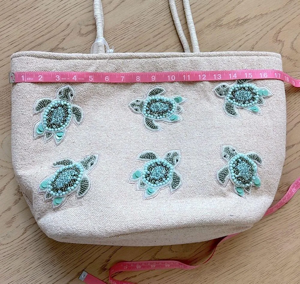 NWT Viral Tik Tok Beaded Sea Turtle Canvas Summer Beach Tote Bag Handcrafted Green - Image 9