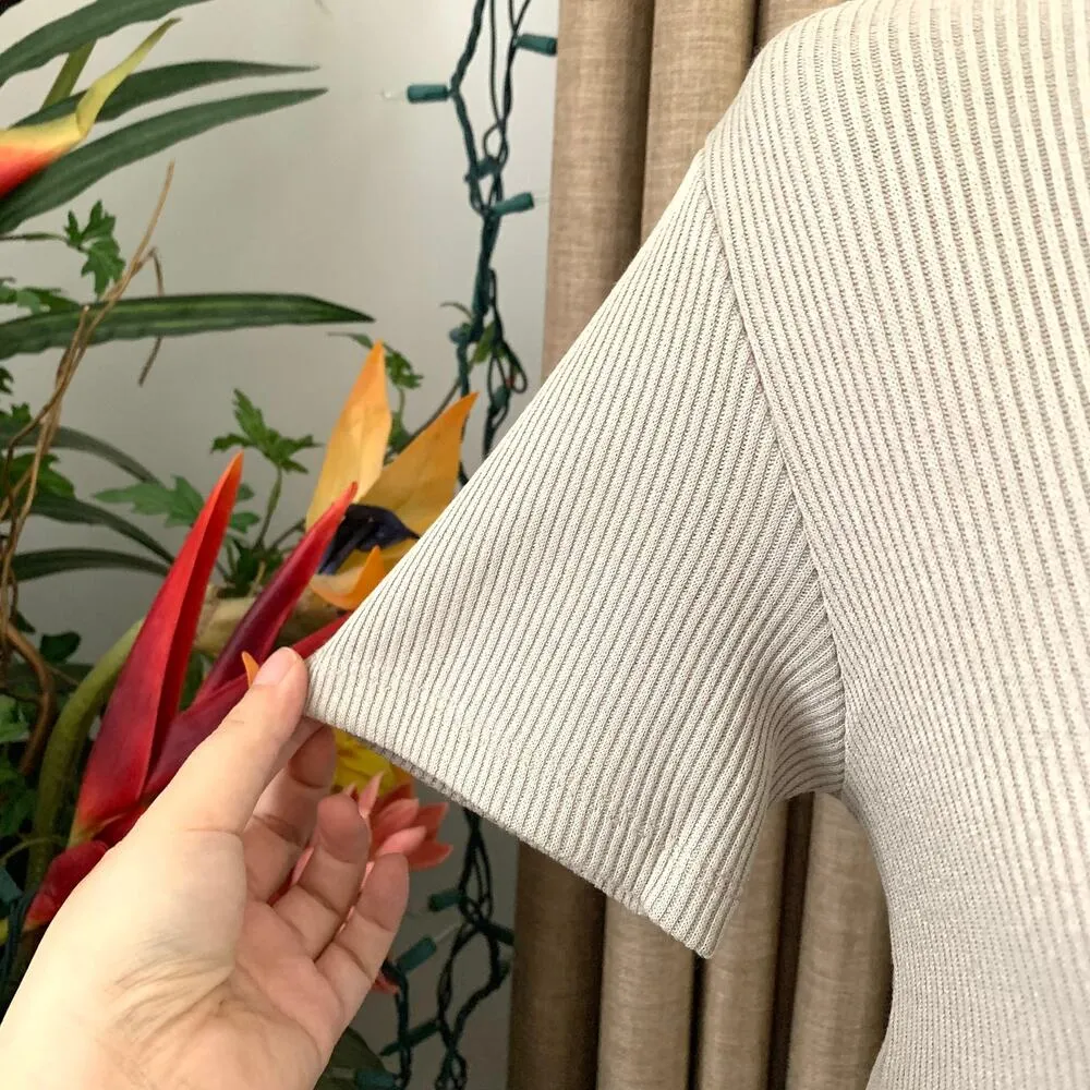 Zara Buttoned Ribbed V-neck Short Sleeve Top in Sand - Image 6