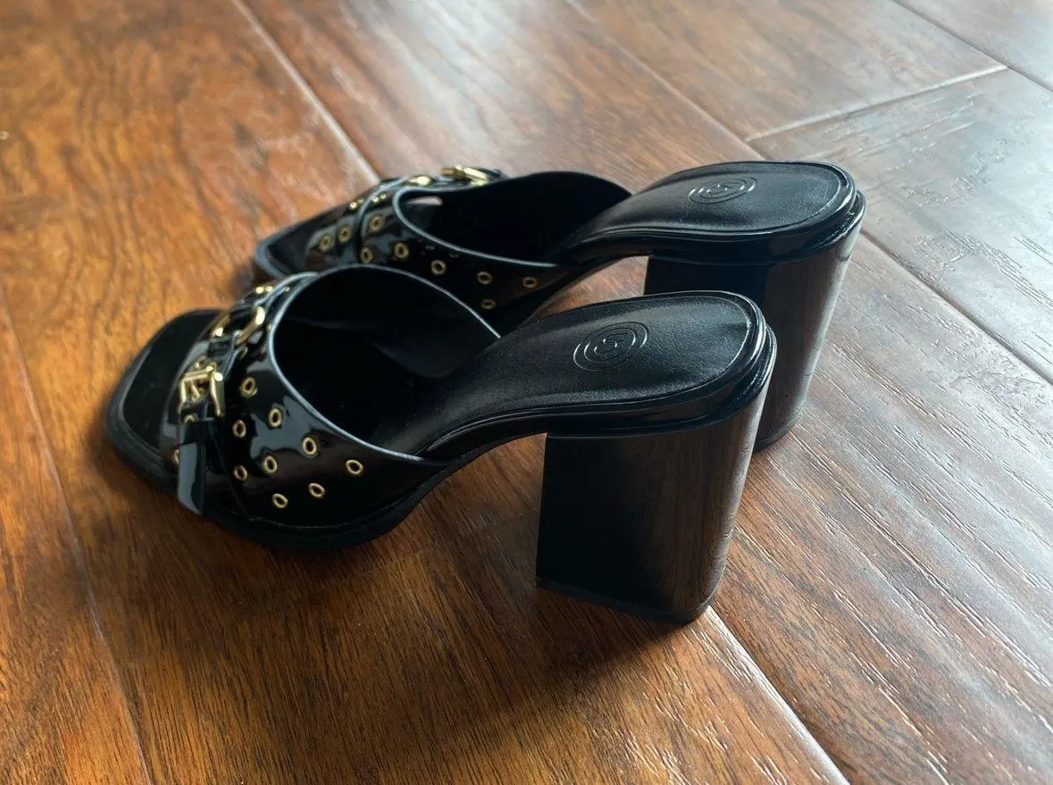 black and gold block heel mules - Image 4