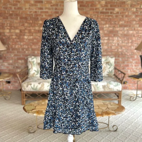 Suzanne Betro Dress Floral Blue Ruched High Low M V-Neck A-Line Garden Brunch - Image 2