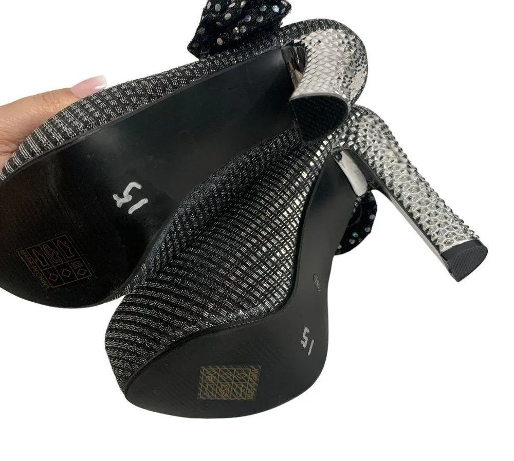 Gatuxus Metallic Platform High Heels Womens 7 Black Silver Straps Flower Size undefined - Image 9