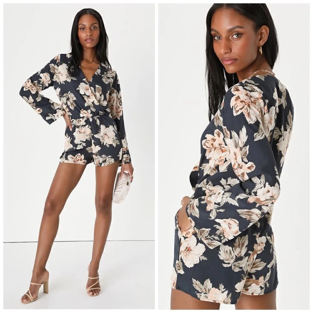 New Lulu’s Prairie Daydream Washed Navy Blue Floral Print Romper Sz XS - Image 11