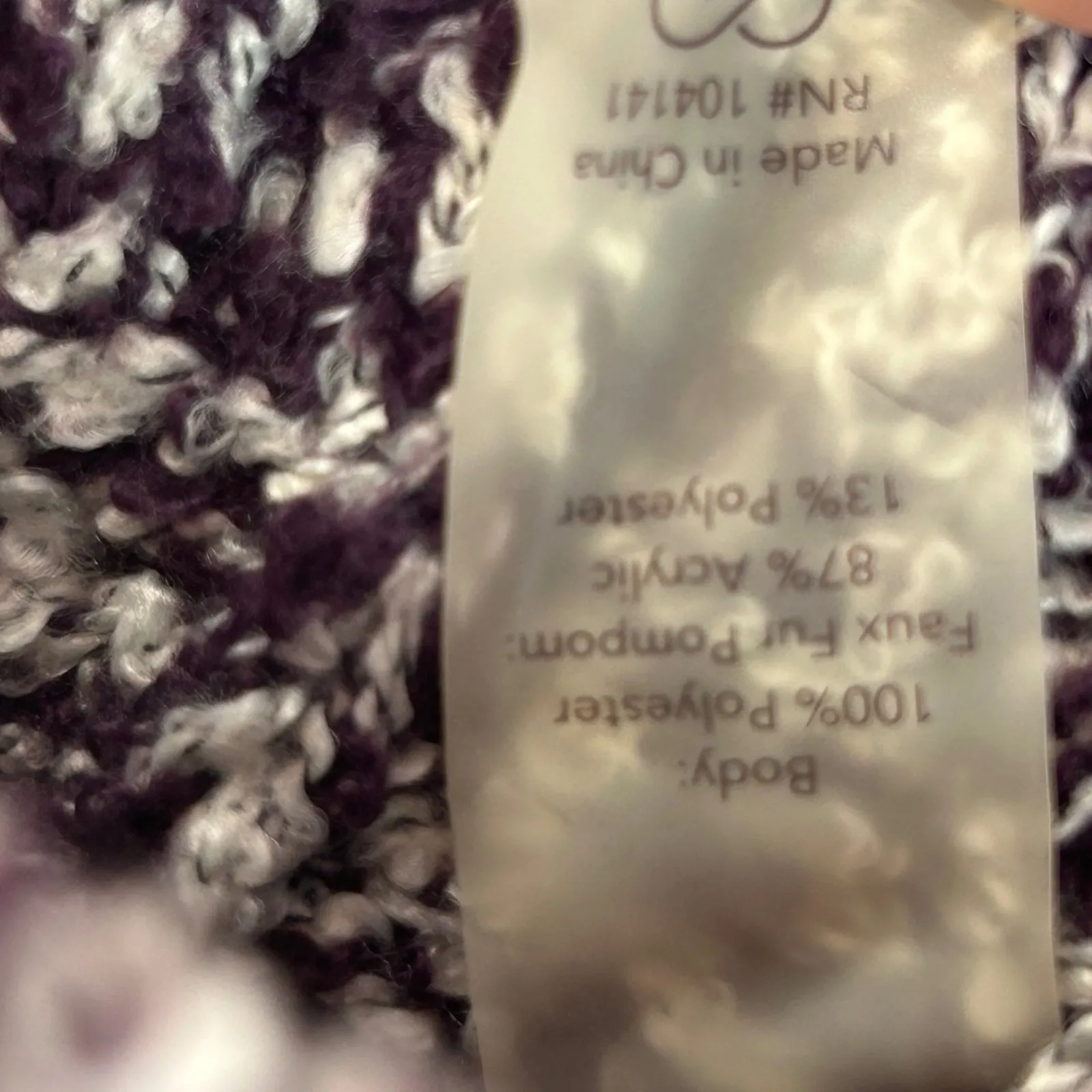 Calia Women's Knit Beanie Hat with Faux Fur Pom Pom Purple White - Image 4