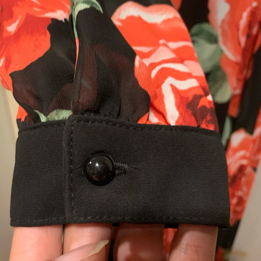 Red Flower Print Floor Length Dress Black Size M - Image 6